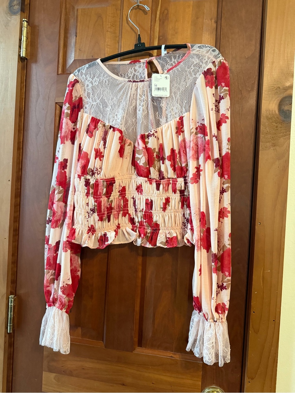 Free People Intimately Floral Lace-Trim Smocked Peplum Top - yellow/ Red/ Cream.